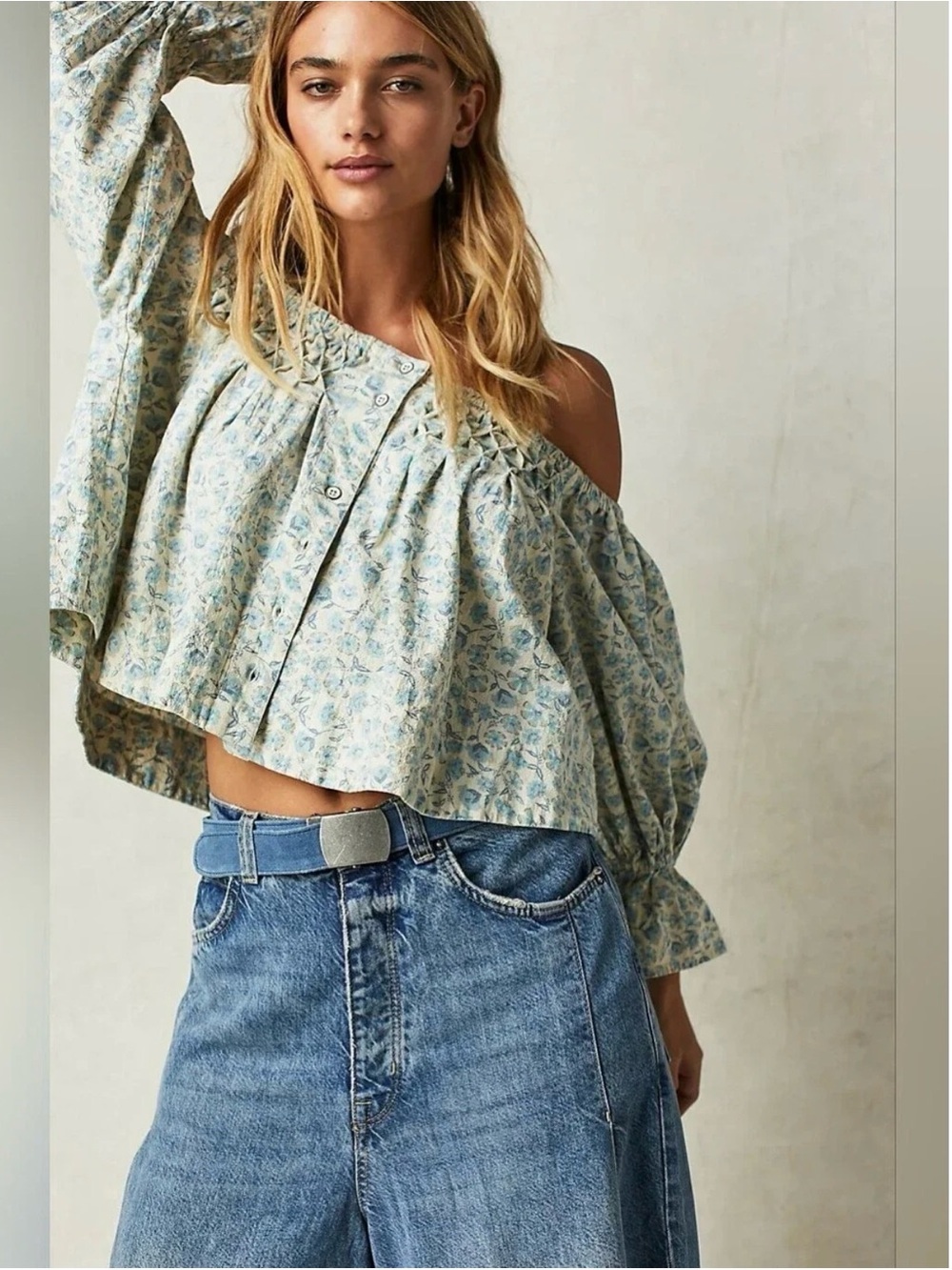 FP James Smock Top M Off Shoulder Cropped Floral Boho Festival Western Cottage